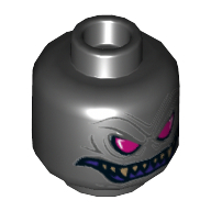 Minifig Head Overlord, Dual Sided, Magenta Eyes, Purple Grin with Sharp Teeth, Gold Vertebra on Back Print [Hollow Stud]