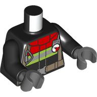 Torso Fire Jacket with Dark Red Collar and Reflective Stripes / Fire Logo on Back Print, Black Arms, Dark Bluish Gray Hands