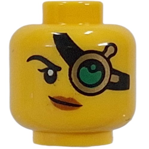 Minifig Head Monster Hunter, Gold Monocle, Black Strap, Green Lens, Peach Lips, Smirk / Open Mouth Smile