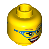 Minifig Head Diner Waitress, Dual Sided, Glasses with Blue Frame, Medium Nougat Eyebrows, Red Lipstick, Smirk / Open Smile Print [Hollow Stud]
