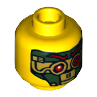 Minifig Head Dual Sided Female Black Eyebrows, Eyelashes, Brown Lips / Green and Gold Robot, Red Eyes and Eyebrows Print [Hollow Stud]