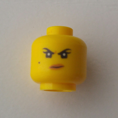Minifig Head Nya, Dual Sided, Eyebrows, Beauty Mark, Dark Tan Lips, Crooked Smile / Scowl Print [Hollow Stud]