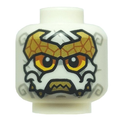 Minifig Head Loyalist, Yellow/Orange Eyes, Light Bluish Grey Markings, Gold Tiara, Sharp Teeth, Neutral / Fangs
