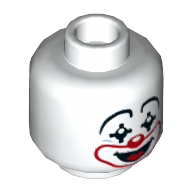 Minifig Head Jimbo Loblo, Clown Make Up, Pointed Eyes, Red Nose and Mouth, Smile with Tongue Print