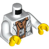 Torso Lab Coat with Pockets and ID Badge over Orange Shirt Print, White Arms, Yellow Hands