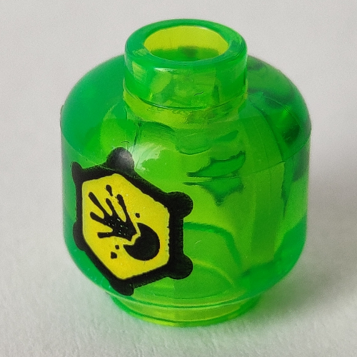 Minifig Head (No Face), Black Hexagon with Yellow Background, Warning Symbol print