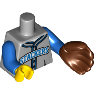 Torso Baseball Jersey with Blue Trim and 'Stackers' Logo Print, Blue Arms, Yellow Hand Right, Baseball Glove Left