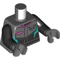 Torso, Dark Bluish Grey Racing Suit, Coral Trim, Dark Turquoise Lightning Bolts print, Black Arms, Dark Bluish Gray Hands