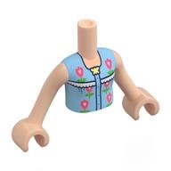 Minidoll Torso Girl with Light Nougat Arms and Hands with Medium Blue Shirt, Coral Flowers, White Ruffles print